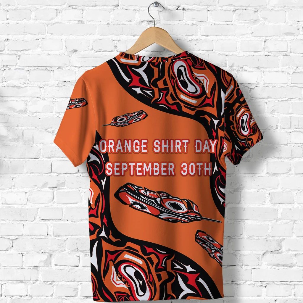 Orange T-shirt with “Orange Shirt Day” “September 30th” text and feather pattern