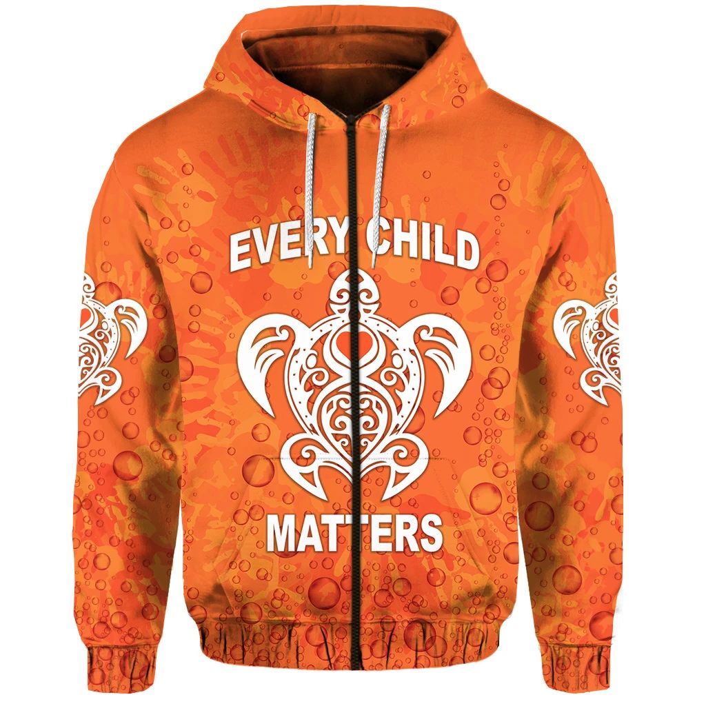 Orange baby zip hoodie with EVERY CHILD MATTERS heart turtle graphic