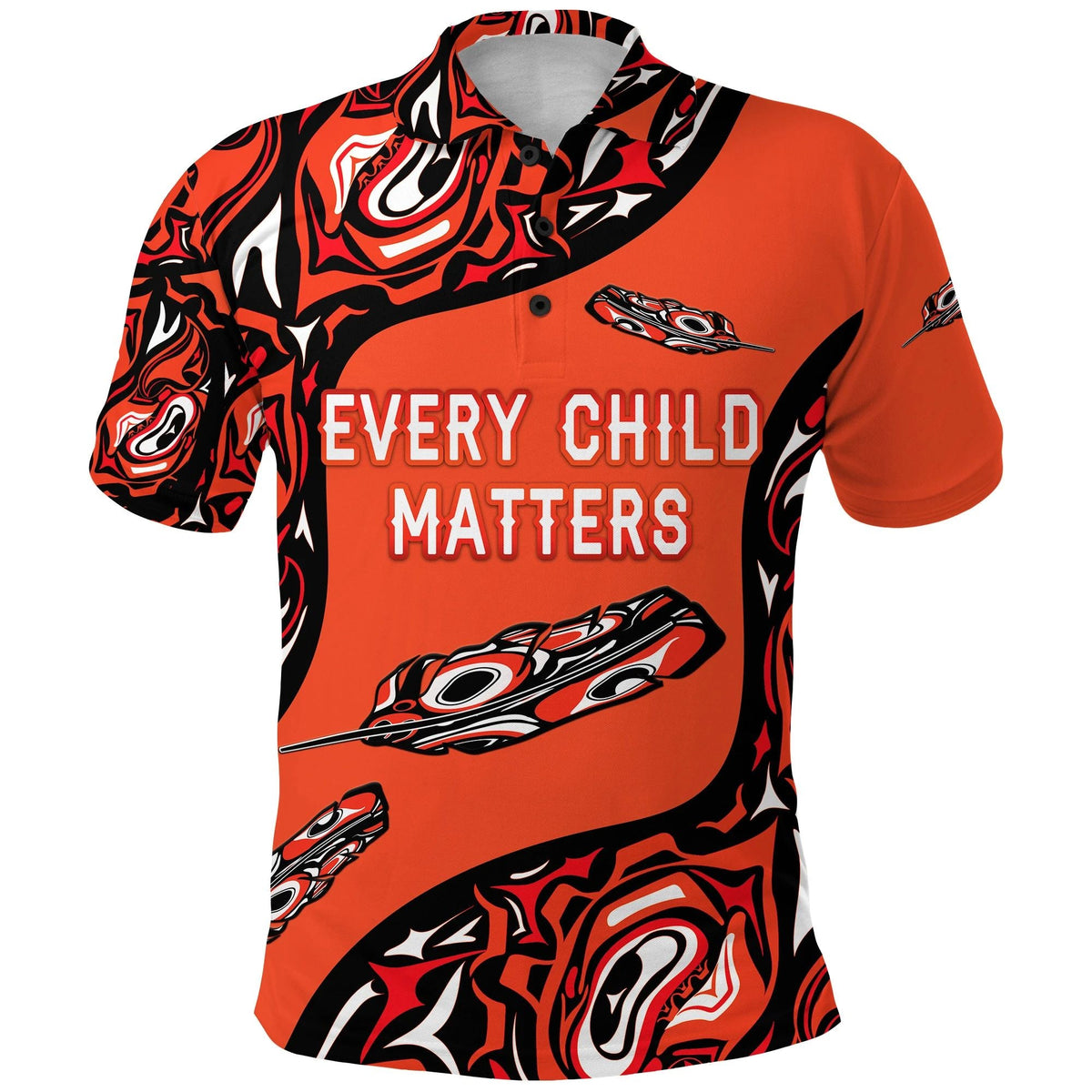 Orange polo shirt, black-red abstract print and “EVERY CHILD MATTERS” text
