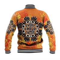 Back of orange varsity baseball jacket with striped rib hem and 'Every Child Matters' graphic