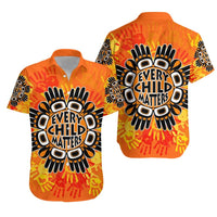 Orange Hawaiian shirt for kids, short sleeves, bold “Every Child Matters” graphic on front and back