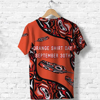 Orange T-shirt with black tribal print and 'ORANGE SHIRT DAY SEPTEMBER 30TH' text