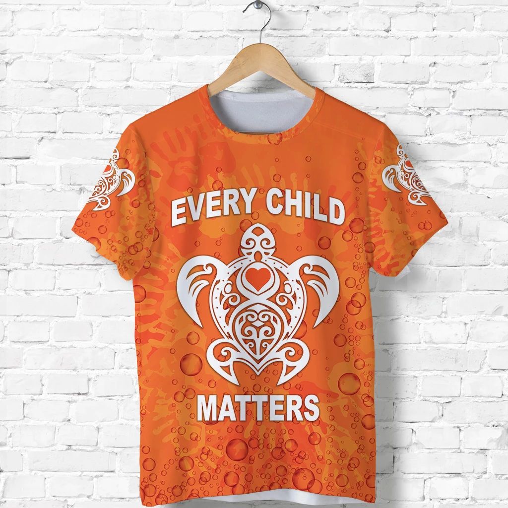 Orange T-shirt with Every Child Matters text and turtle heart graphic, short sleeves