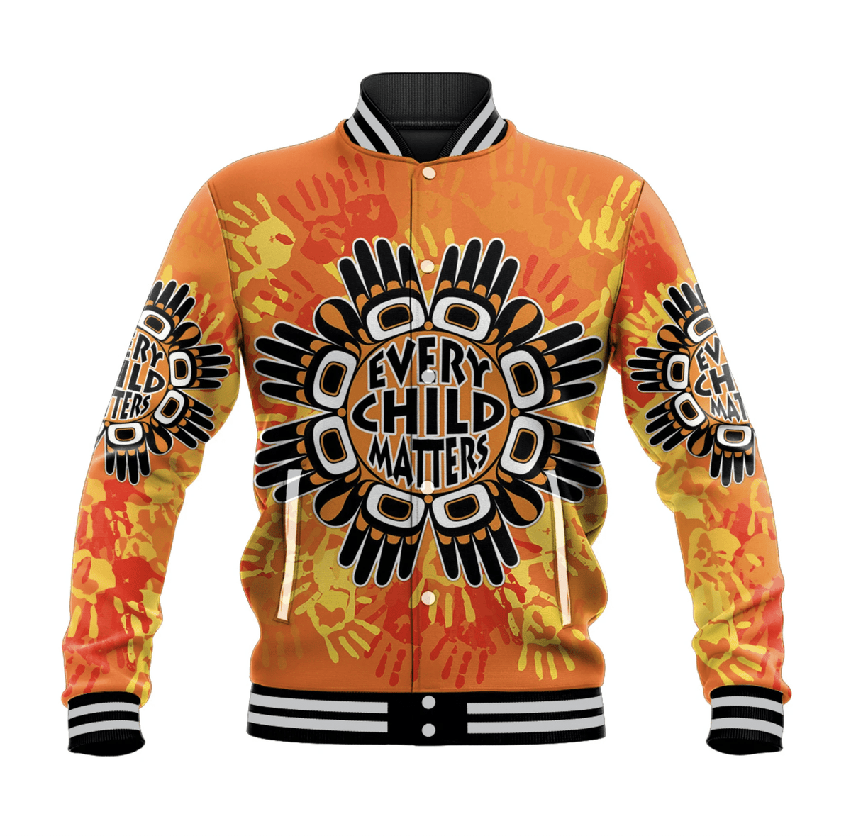 Orange varsity baseball jacket, striped rib cuffs/hem, 'Every Child Matters' graphic