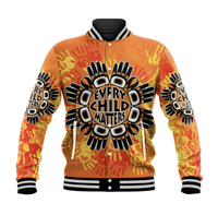 Orange varsity baseball jacket, striped rib cuffs/hem, 'Every Child Matters' graphic