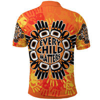 Orange polo shirt back graphic "Every Child Matters" with large handprint burst design