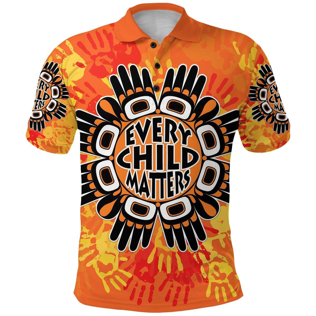 Orange polo shirt with front graphic "Every Child Matters" and bold handprint rays