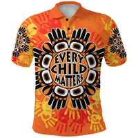 Orange polo shirt with front graphic "Every Child Matters" and bold handprint rays