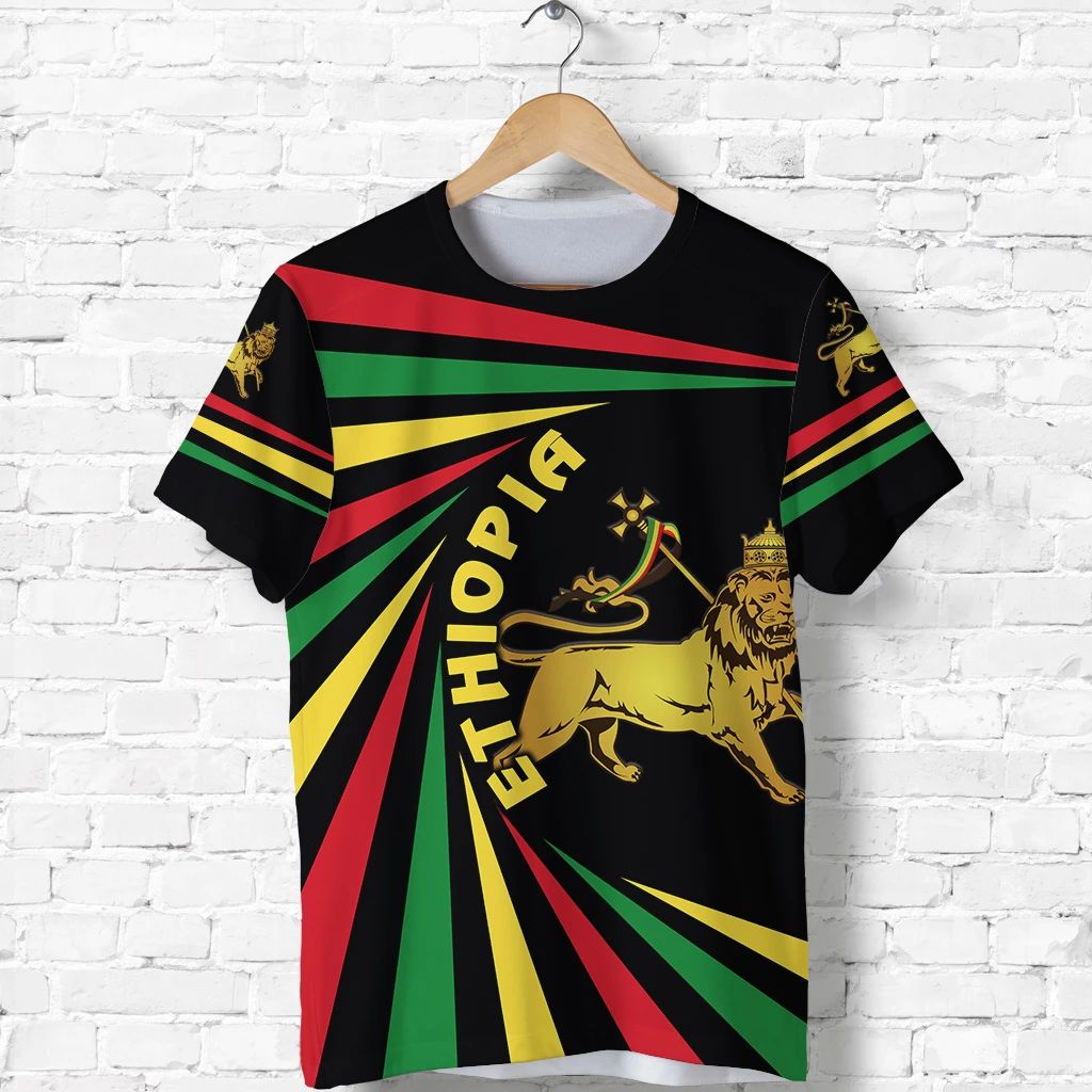 Black T-shirt with Ethiopian flag rays and gold lion graphic, ETHIOPIA text