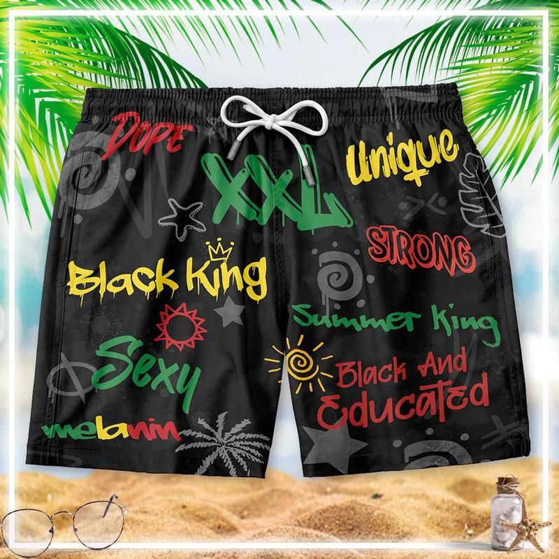 Cortos negros con cordón blanco y estampado multicolor con texto amarillo