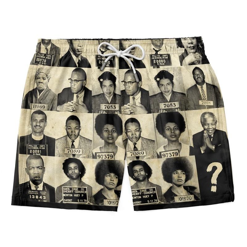 Kurzshorts mit Kordelzugbund und Porträt-Collage-Print, Schwarz/Helltöne