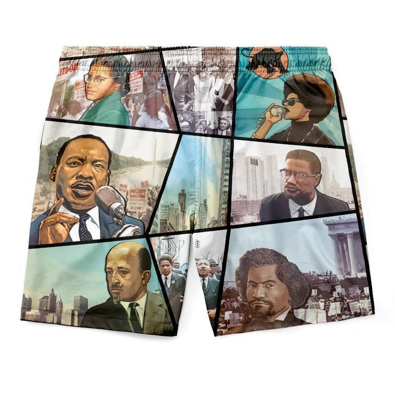 Men's shorts with drawstring waist, vintage face collage panels, multicolor print