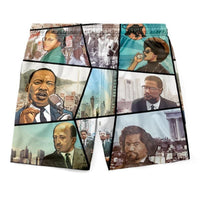 Men's shorts with drawstring waist, vintage face collage panels, multicolor print