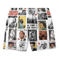 Men's shorts front view with collage prints, I Am A Man text and yellow block