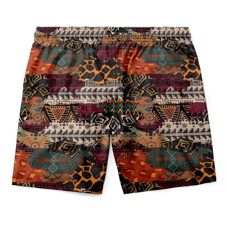 Men's tribal print shorts with drawstring waist and black/orange geometric motifs