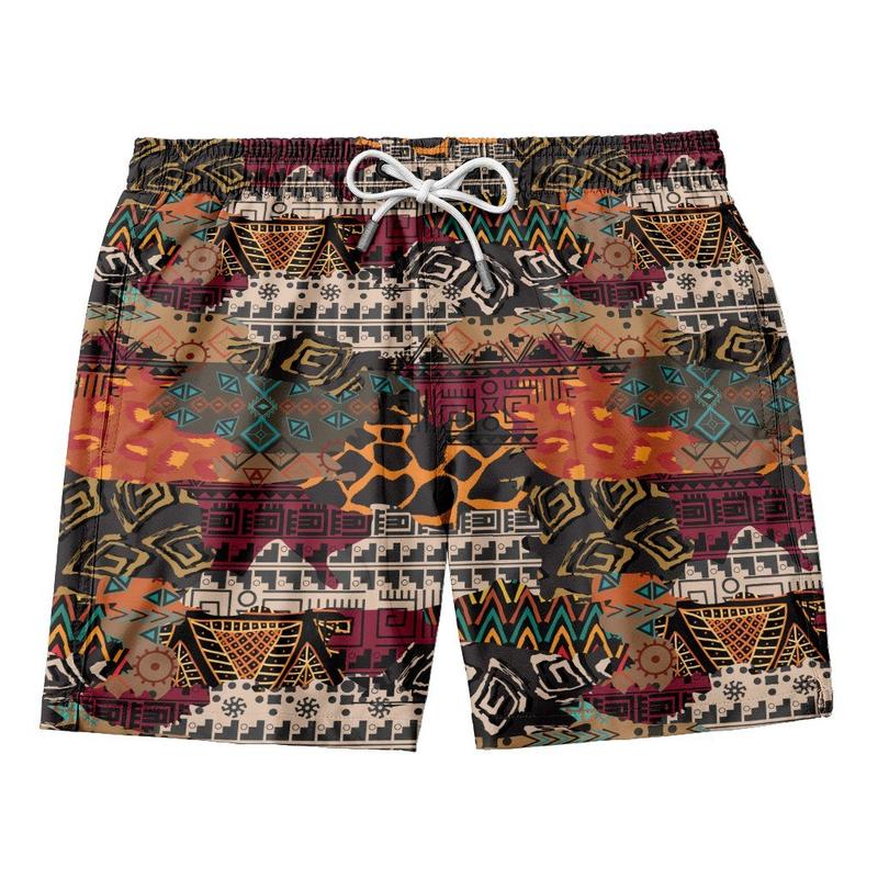 Men's patterned shorts, elastic waistband with white tie cords and multicolor print
