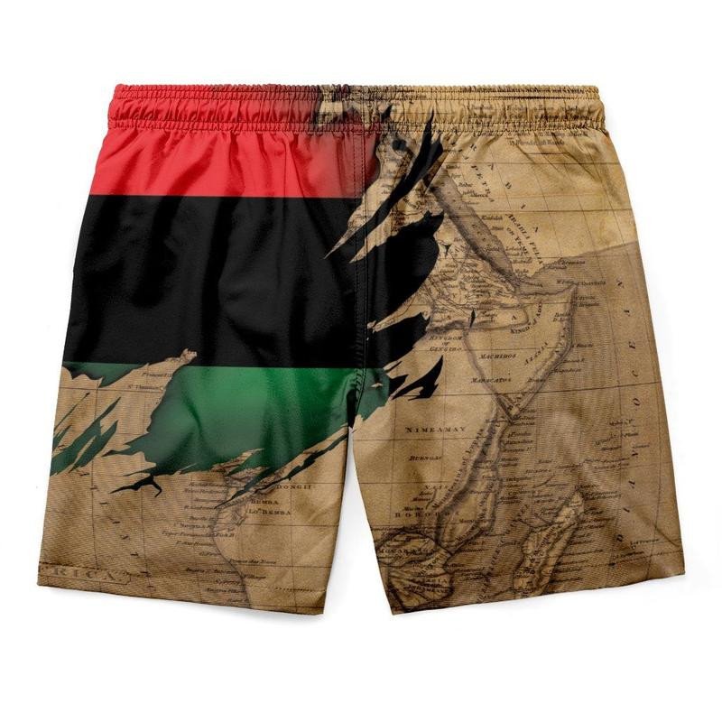 Men’s shorts with elastic waistband and tan African map graphic, red-black-green color blocks