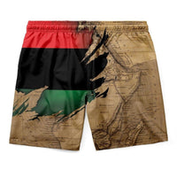 Men’s shorts with elastic waistband and tan African map graphic, red-black-green color blocks