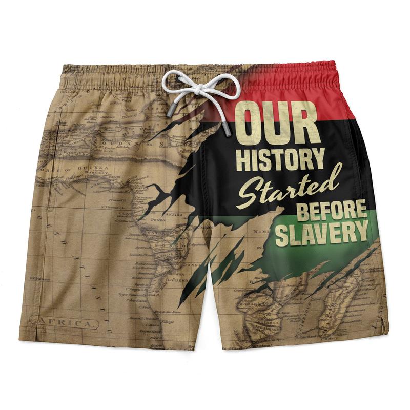 Men’s shorts with elastic waistband and white lace-tie; tan map slogan in red/black/green