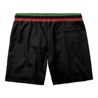 Schwarze Herren-Shorts Rückansicht, elastischer Bund mit grün-roten Streifen