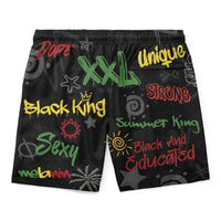 Shorts negros con estampado “Strong” y “Unique”; frente completo multicolor, cintura elástica