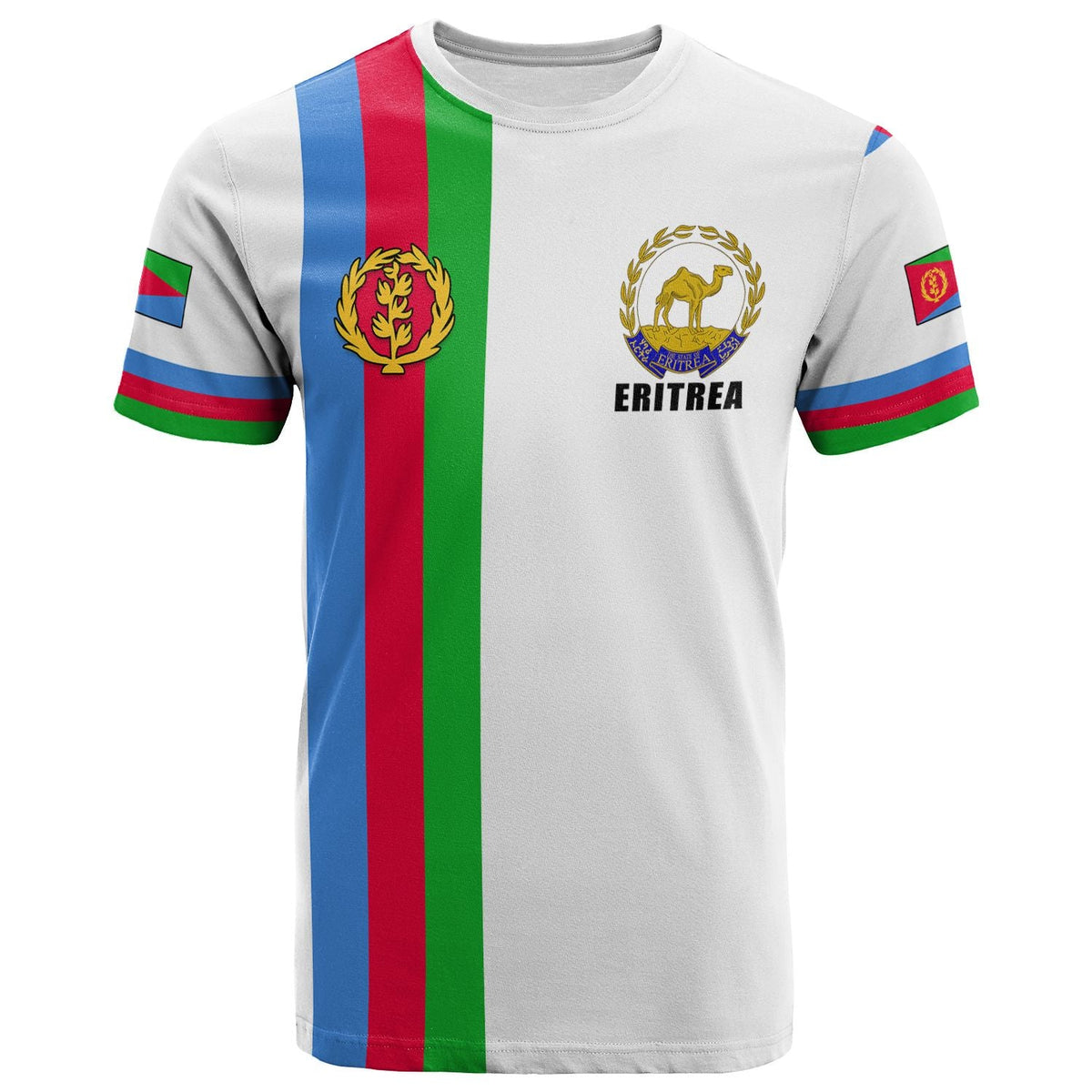 White Eritrea T-shirt with vertical tricolor stripe and gold emblem, crew neck