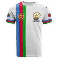 White Eritrea T-shirt with vertical tricolor stripe and gold emblem, crew neck