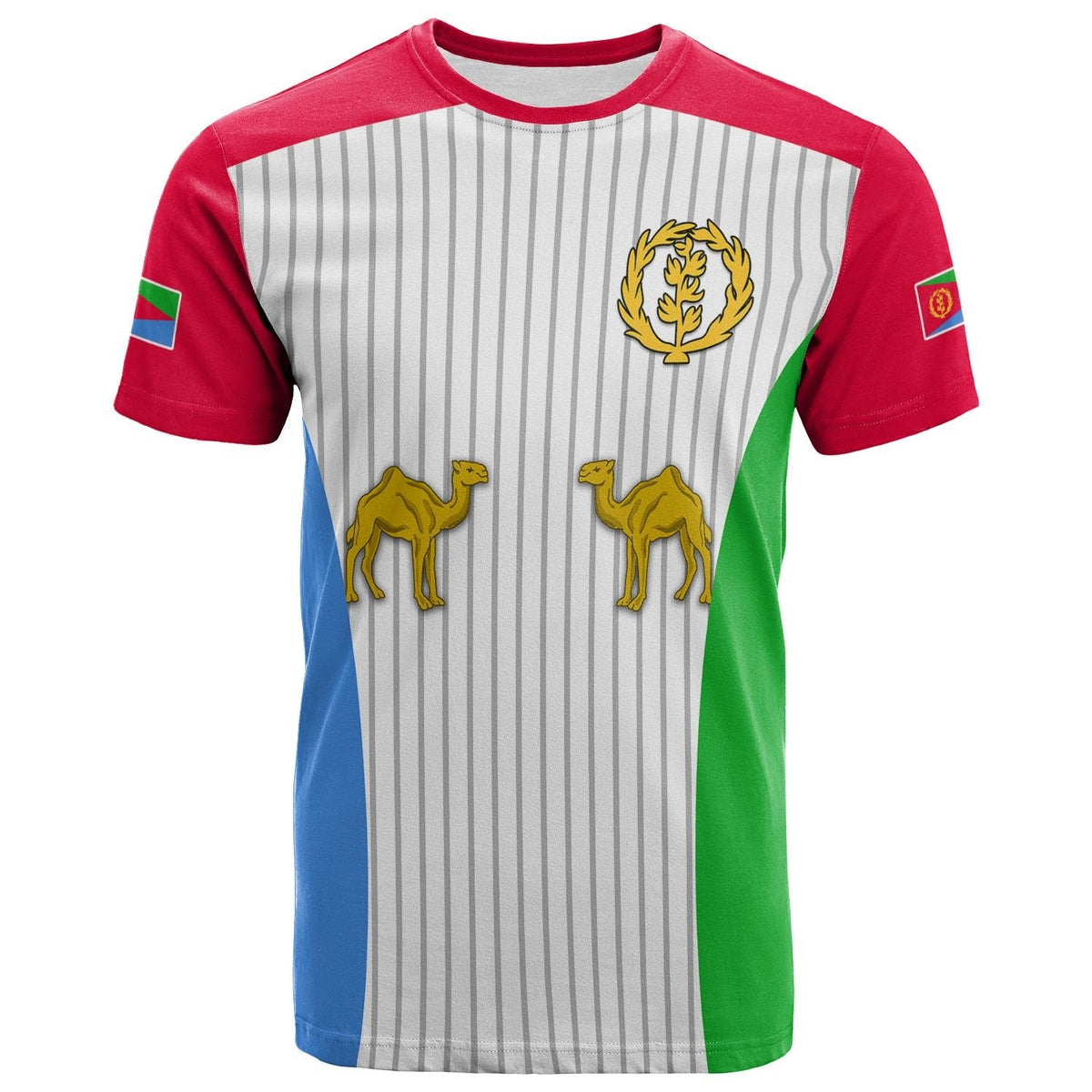 Eritrea flag T-shirt, red sleeves, striped front with camel and laurel crest