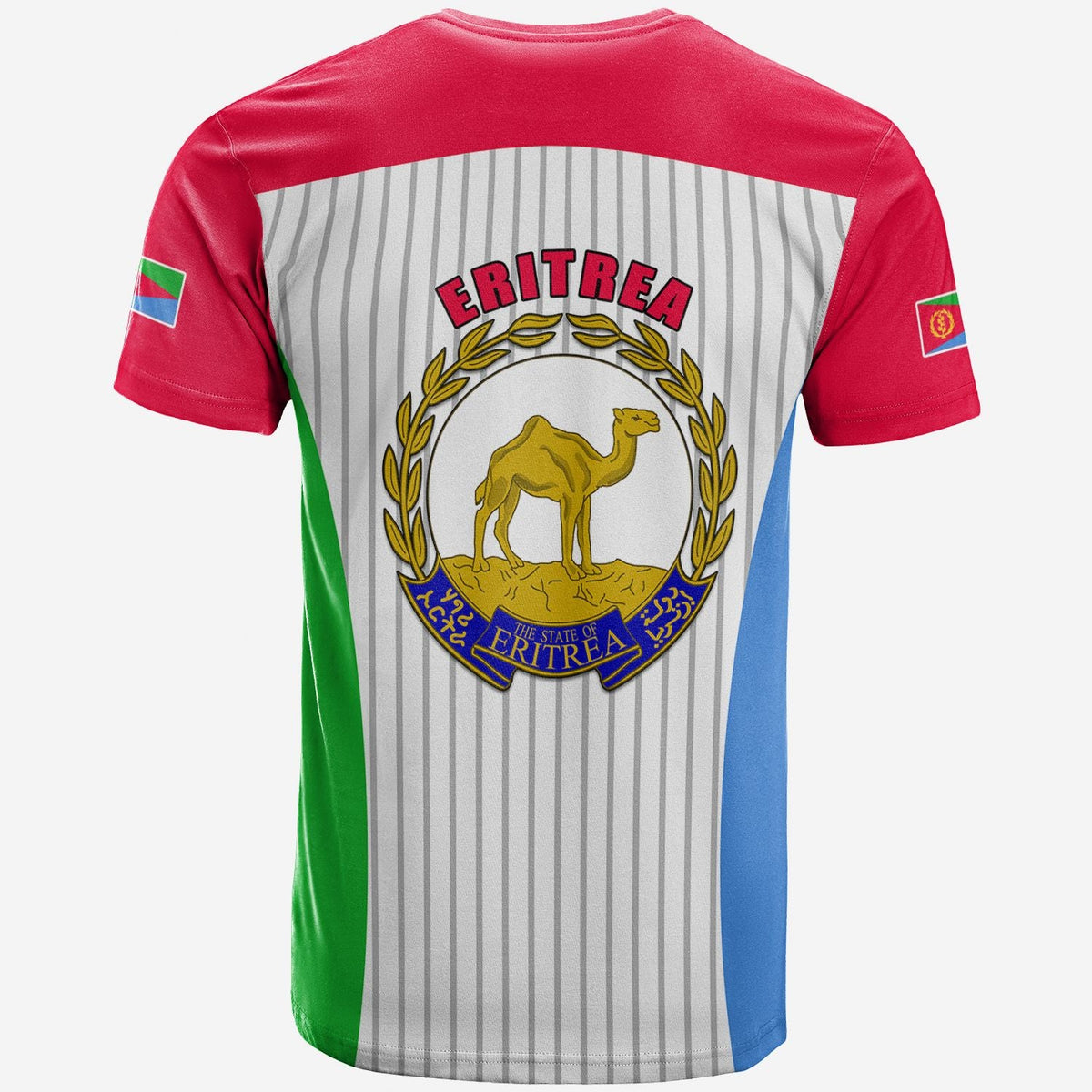 Eritrea flag T-shirt back, red sleeves, striped design with ERITREA emblem
