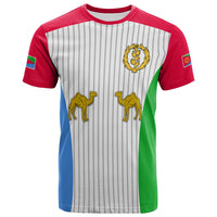 Eritrea T-shirt, grau gestreift mit roten Ärmeln und Seiten, vorn Kameldruck
