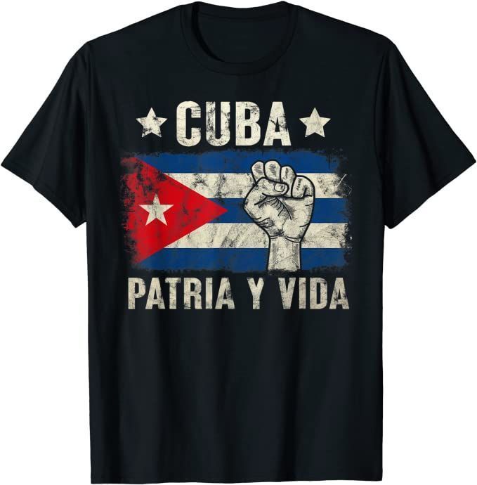Black tee with Cuban flag fist graphic and 'Patria y Vida' text
