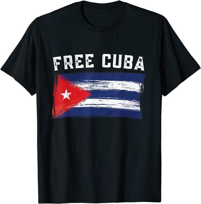 Black crewneck T-shirt with 'FREE CUBA' text and Cuba flag graphic on front