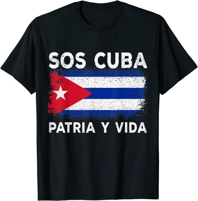 Black cotton T-shirt with SOS CUBA and Cuba flag graphic, PATRIA Y VIDA text