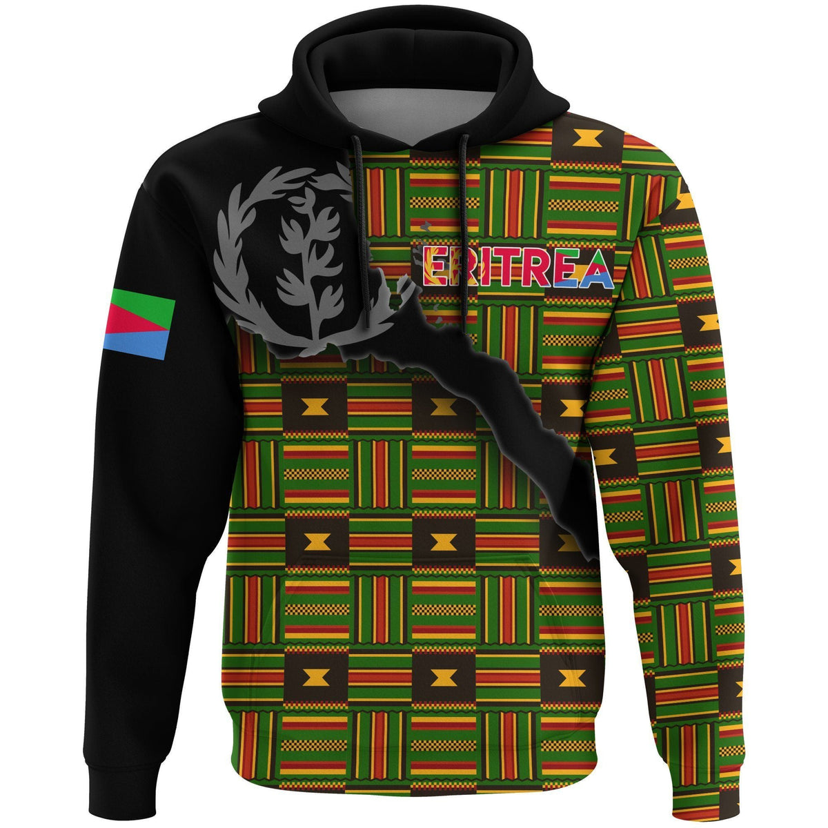 Black pullover hoodie with Eritrea flag kente print and large “ERITREA” text