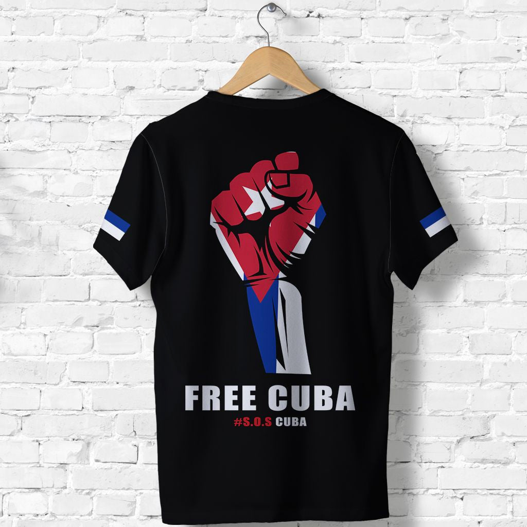 Black T-shirt with red fist graphic and “FREE CUBA #S.O.S CUBA” on back