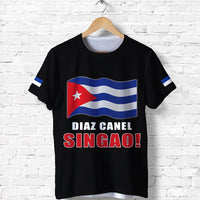 Black T-shirt with Cuban flag graphic and text “DIAZ CANEL SINGAO!”