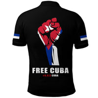 Black polo shirt with 'FREE CUBA' back print and raised fist graphic