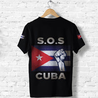 Black T-shirt back graphic with 'S.O.S' and 'CUBA' text over Cuban flag and fist