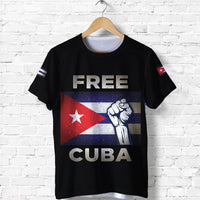 Black T-shirt with front graphic: 'FREE' and 'CUBA' over Cuban flag and fist