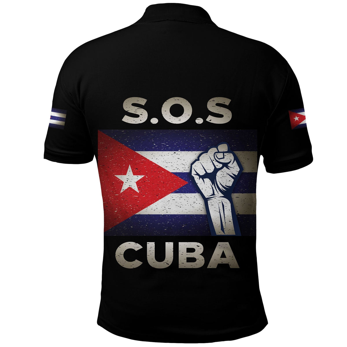 Black polo shirt with back 'S.O.S' and 'CUBA' graphic, flag sleeve stripes