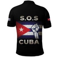 Black polo shirt with back 'S.O.S' and 'CUBA' graphic, flag sleeve stripes