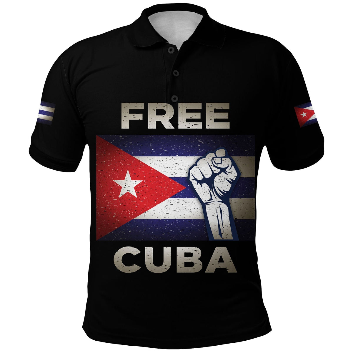 Black polo shirt with front 'FREE CUBA' graphic and flag sleeve stripes