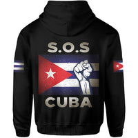 Black zip hoodie with back "S.O.S CUBA" graphic, drawstring hood and striped sleeves