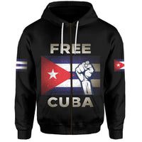 Black zip hoodie with front "FREE CUBA" graphic, drawstring hood and striped sleeves