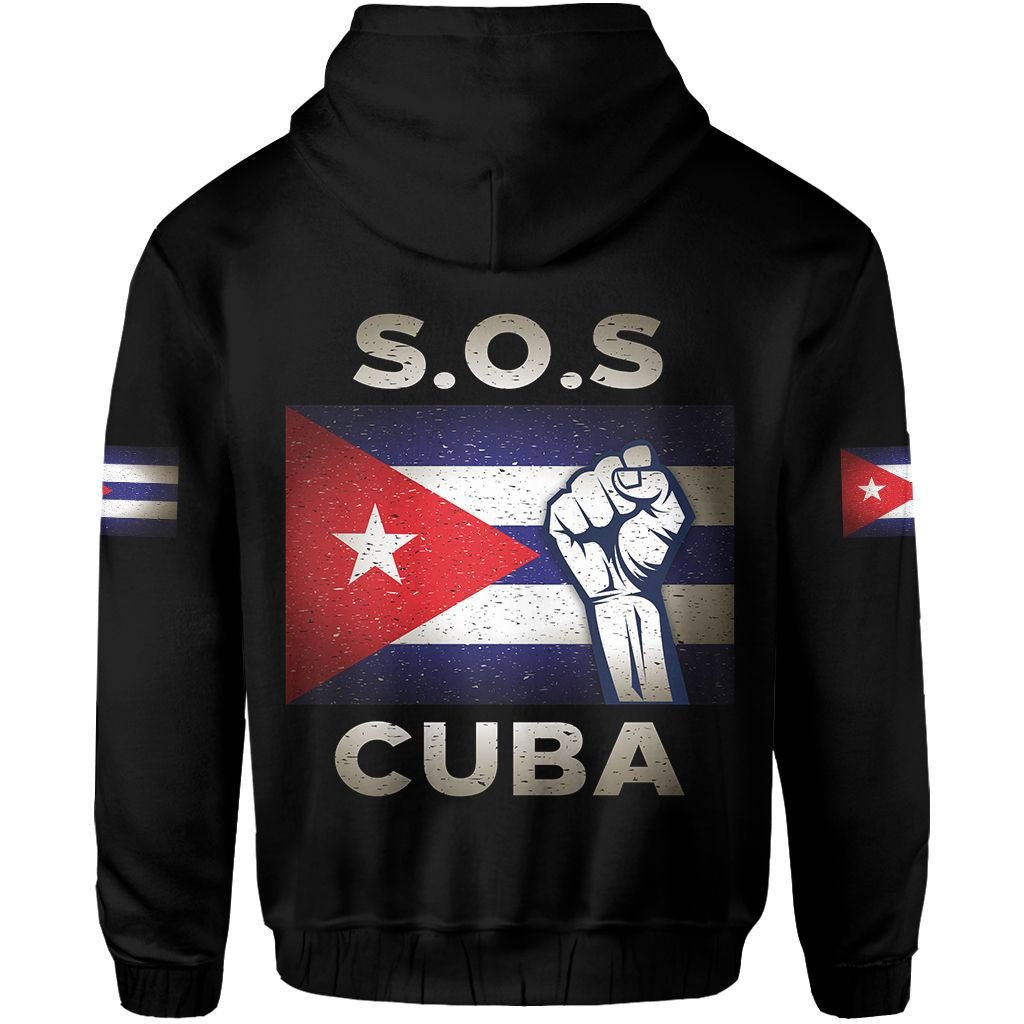 Black pullover hoodie back view with S.O.S and CUBA graphic, drawstring hood, front pocket