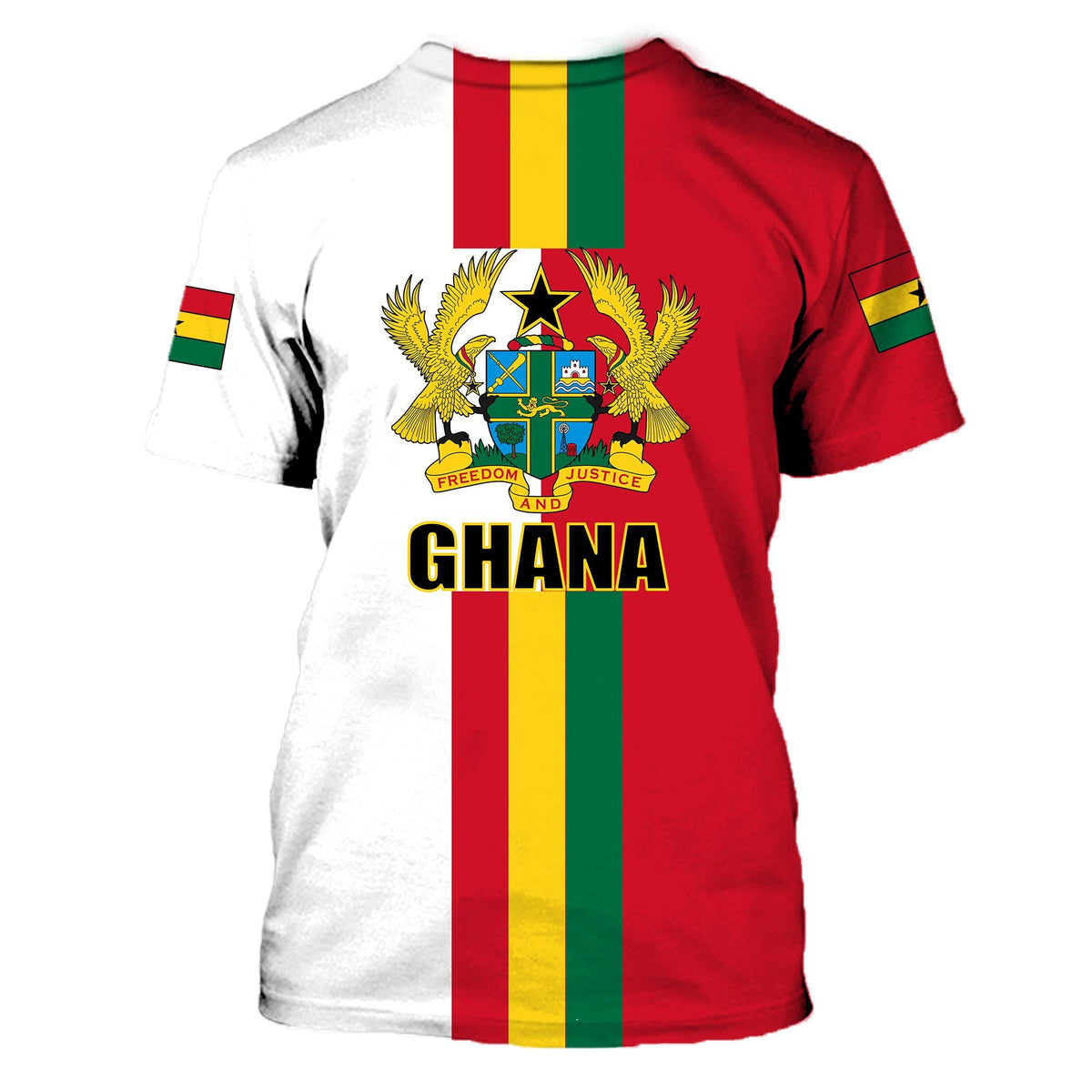 Red Ghana flag T-shirt back with crest, GHANA text, and vertical tricolor panel