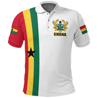 Ghana flag polo shirt, white front with crest logo and “GHANA” wordmark