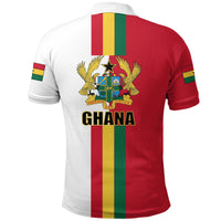 Ghana flag polo shirt, back view with crest logo over multicolor Ghana stripe