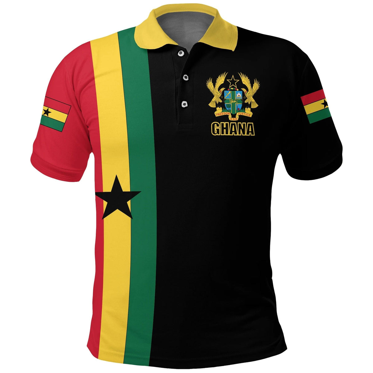 Black polo with Ghana flag stripes and gold crest logo with 'GHANA' on chest.