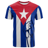Cuba-themed T-shirt with red star, blue and white stripes, and raised-hand graphic